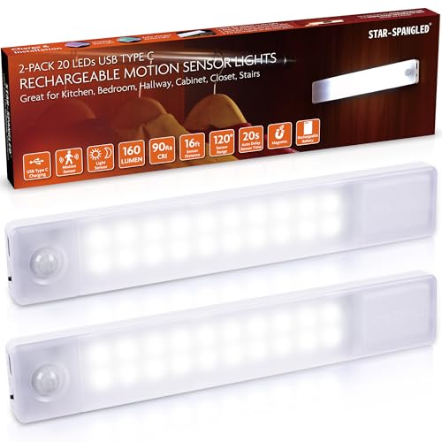 STAR-SPANGLED Under Cabinet Lighting Rechargeable, 8 inch Motion Sensor Lights Indoor Battery Operated, USB Stick on LED Magnetic Closet Light for Counter, Stairs, Kitchen, Cool White, 2 Pack - color: White
