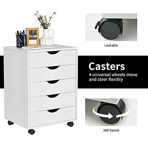 Giantex 5-Drawer Vertical File Cabinet, Mobile Office Storage Cabinet with Drawers, Large Capacity, 2 Lockable Casters and Universal Wheels, Under Desk Side Printer Stand Rolling File Cabinet (White) - color: White