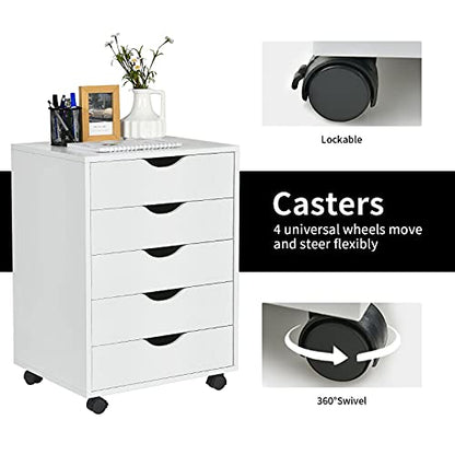 Giantex 5-Drawer Vertical File Cabinet, Mobile Office Storage Cabinet with Drawers, Large Capacity, 2 Lockable Casters and Universal Wheels, Under Desk Side Printer Stand Rolling File Cabinet (White) - color: White