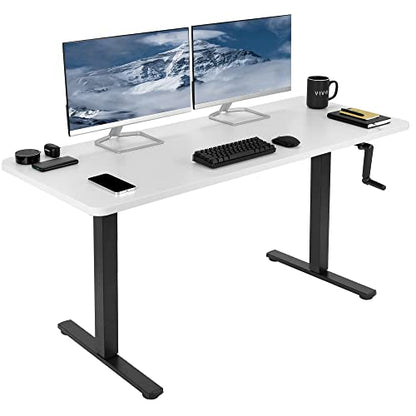 VIVO Manual Height Adjustable 60 x 24 inch Stand Up Desk, White Solid One-Piece Table Top, Black Frame, Standing Workstation with Foldable Handle, DESK-KIT-MB6W | Manual, Holds 110 lbs, Sit Stand, Height Adjustable, Solid One-Piece Table Top, Home Office,
