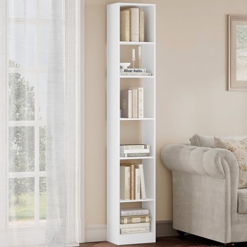 Hzuaneri Bookcase, Tall Narrow Bookshelf, Open Display Storage Shelf | Skinny Cube Book Shelf with Adjustable Shelves, CD Rack for Living Room, Office 6 Tier(9.4 x 11.8 x 72.5 inch) White BC09603X - color: White, size: 6-Tier(9.4 x 11.8 x 72 inch)
