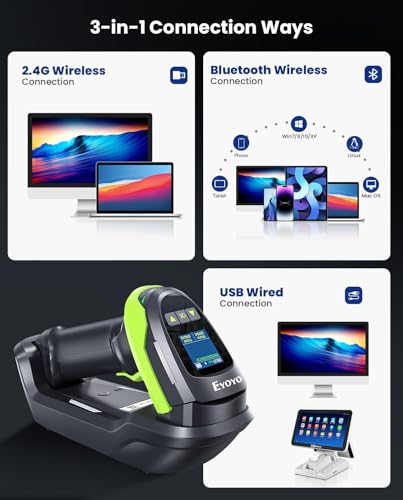 Eyoyo Handheld 1D 2D QR Bluetooth Wireless Barcode Scanner with Screen | 1.44" LCD, Wall-Mount Locking Charging Cradle, 2900mAh Removable Battery, USB Wired UPC Bar Code Reader for Warehouse POS