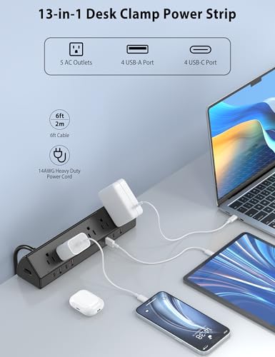 Jgstkcity Desk Clamp Power Strip,Edge Mount,4 USB C,65W,1200J,Black - color: Black, size: 6 FT