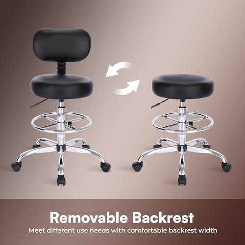 SUPERJARE Drafting Chair with Backrest, Adjustable Foot Rest Rolling Stool | Multi-Purpose Shop Stool, Drafting Stool, Office Desk Chair, Bar Stools with Thick Seat Cushion for Home Bar Kitchen, Black - color: Black