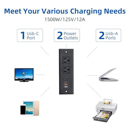 TOOCUST 2 Pack Furniture Recessed Power Strip with USB C Port, Desk Outlet with 3 USB Ports, Conference Recessed Power Strip Socket with USB Ports with 2 Ac Plugs