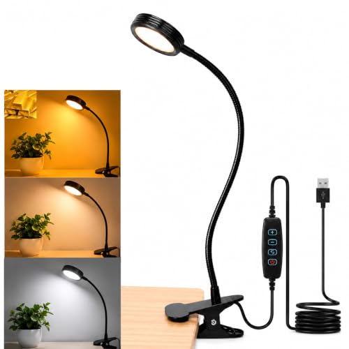 USB Clip-On Lamp Eye Caring Dimmable Reading Light (Amber+Cool White, 8W) | Dimmable, Inline Switch, 1MTimer, USB 5V Port, 1800K+6000K, 81inch Long Cable, Flexible Gooseneck, Metal Head and Clip - color: Amber + Cool White