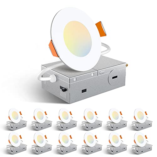Amico 12 Pack 3 Inch LED Recessed Lighting, Canless Wafer Downlight, White | 5CCT 2700K-5000K, 5%-100% Dimmable, Ultra-thin, Metal housing, 500LM 7W 120V, IC & Damp Rated, ETL & FCC, 50000h Life Span - color: White, size: 3 Inch