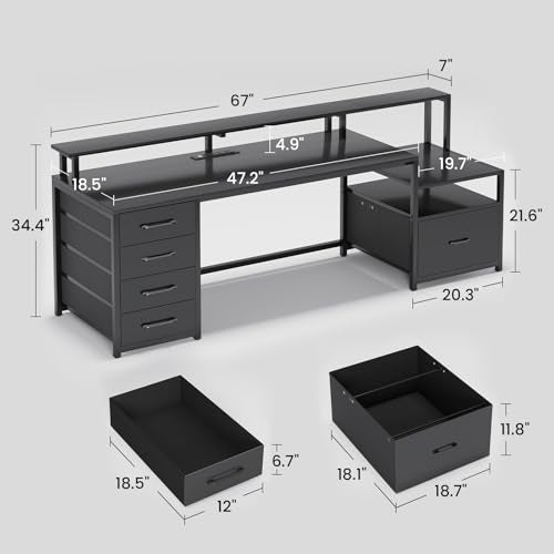 SEDETA Computer Desk with 5 Drawer, Power Outlet, Led Lights, Black - color: Black With Led Lights, size: 67X18.5inch