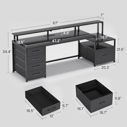 SEDETA Computer Desk with 5 Drawer, Power Outlet, Led Lights, Black - color: Black With Led Lights, size: 67X18.5inch
