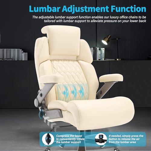 Big and Tall Office Chair 700lbs, Ergonomic High Back Computer Desk Chair | Adjustable Headrest&Lumbar Support, 3D Flip Arms, Large Wheels, Heavy Duty Metal Base, Thick Padded Wide Seat Executive Chair - color: Beige