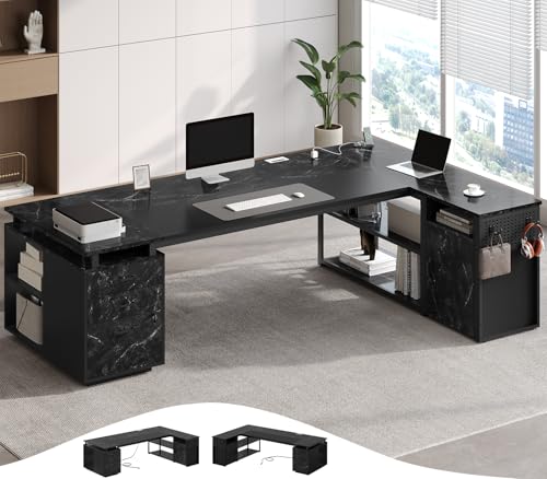 78" Executive Desk with Lockable File Cabinet, L Shaped Office Desk with Power Outlets, Large Executive Desk with Drawers and Storage Shelves, Reversible Computer Desk, Marble Grain - color: Marble Grain