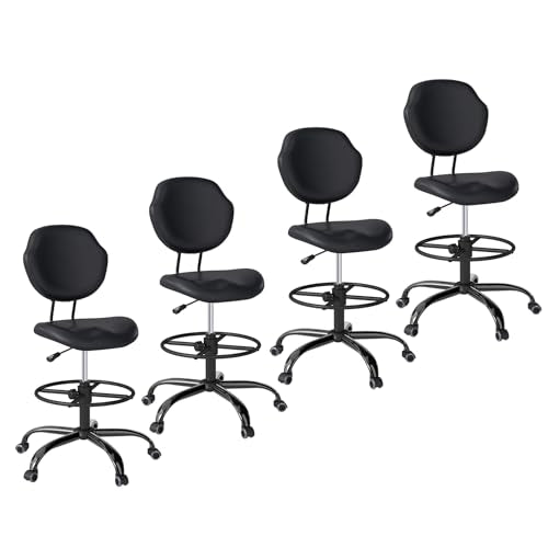 Drafting Chair with Back Support, Tall Desk Rolling Stool (Black, Set of 4) | Armless High Faux Leather Office Chair with Footrest Ring, Height Adjustable, Suitable for Standing Desk, Workbench, Studios - size: 4PK