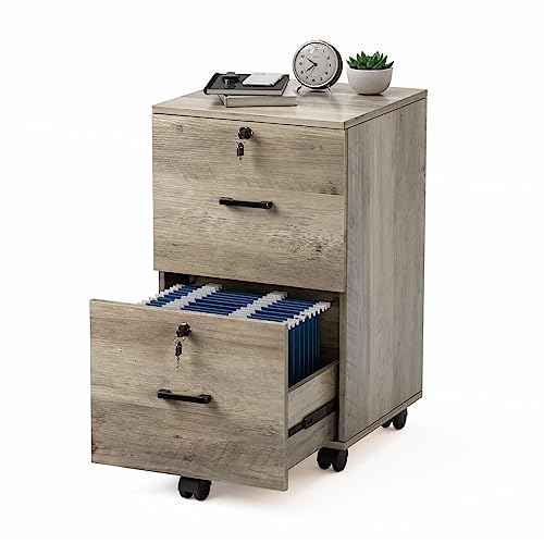 VINGLI 2 Drawer File Cabinet with Lock, Wood Rustic Gray Filing Cabinet for Letter Size File Folders with Tabs, Under Desk Rolling File Cabinets for Home Office, Mobile File Organization Printer Stand - color: Rustic Gray, size: Standard 2 Drawer