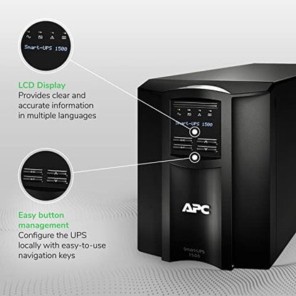 APC 1500VA Smart UPS with SmartConnect, SMT1500C Sinewave UPS Battery Backup, AVR, 120V, Line Interactive Uninterruptible Power Supply