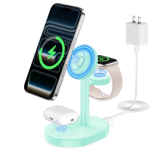 Hevanto 2026 3 in 1 Wireless Charging Station for Apple MagSafe Charger, 15W Fast Mag-Safe Charger Stand for iPhone 17 16 15 14 13 12 Apple Watch AirPods Compatible with MagSafe, Mint - color: Mint Green, size: 15W