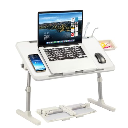 Adjustable Lap Desk with USB Fan & LED Light, Height & Angle Adjustable Laptop Bed Tray Table, Foldable Laptop Stand for Bed, Couch, Sofa & Floor,White