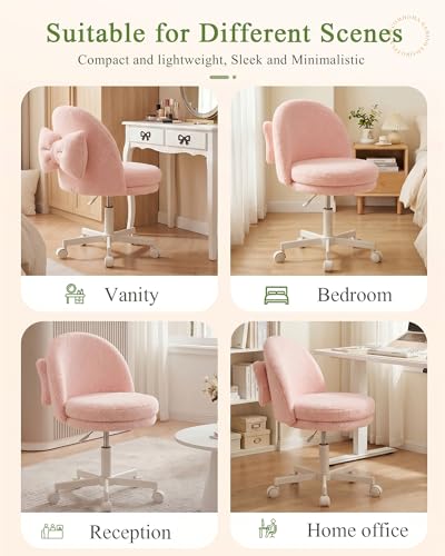GTPOFFICE Vanity Chair with Back, Adjustable Tall Office Chair High Swivel Bar Stools Fluffy Cute Desk Chair Comfy with Wheels Bow Pillow Armlees for Adults Standing Desk Bar, Teddy Velvet, Pink - color: Tv-pink