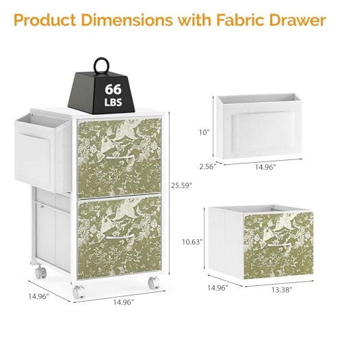 VINGLI 2 Drawer File Cabinet with Side Bag, Rolling File Cabinet Mobile Under Desk File Cabinet with Wheels, Fabric Drawers Printer Stand for Home Office, Fits Letter Size, White Green - color: White Green, size: Small 2 Drawers