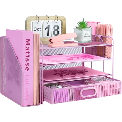 Desk Organizers and Accessories with File Holder, 4-Tier Paper Letter Tray Organiser with Drawer and 2 Pen Holder, Mesh Desktop Document Organizer for Office Supplies, Workspace - Pink - color: 4 Tier - Pink