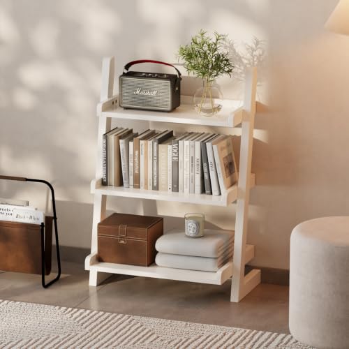 AQIMUELE Solid Wood Ladder Shelf, Leaning Bookshelf, White, 3-Tier - color: White, size: 3-Tier