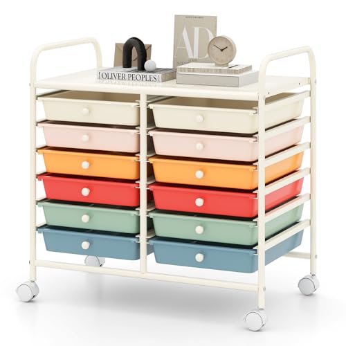 RELAX4LIFE 12-Drawer Rolling Storage Cart - Mobile Utility Cart on Wheels for School Classroom Teacher Office Salon, Paper File Art Supply Craft Organizer, Rolling Cart with Drawers (Macaron) - color: Macaron, size: 24.5''