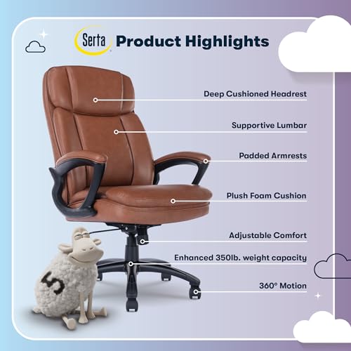 Serta Fairbanks Big & Tall Executive Office Chair, Ergonomic High-Back with Lumbar Support, Semi-Plush Seat Cushion and Body Pillows, Padded Armrests, Nylon Swivel Base, Bonded Leather, Cognac Brown - color: Cognac, size: 350 lbs
