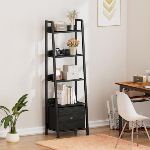 Furologee Ladder Shelf, Ladder Bookshelf with Drawer, Industrial 5 Tier Book Shelf, Display Open Bookcase Storage Shelves for Books, CDs, Photos, Black Shelving Unit for Home Office, Living Room