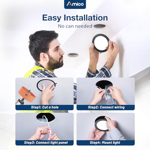 Amico 12 Pack 4 Inch LED Recessed Lighting, Canless Wafer Downlight, Black | 5CCT 2700K-5000K, 5%-100% Dimmable, Ultra-thin, Metal housing, 800LM 11W 120V, IC & Damp Rated, ETL & FCC, 50000h Life Span - color: Black, size: 4 Inch