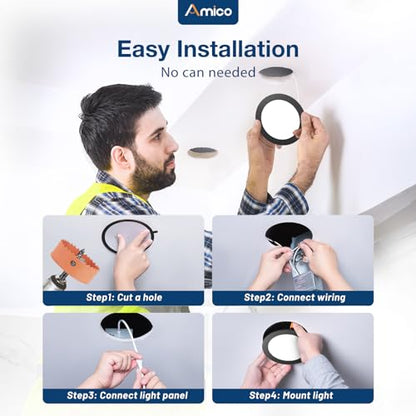 Amico 12 Pack 4 Inch LED Recessed Lighting, Canless Wafer Downlight, Black | 5CCT 2700K-5000K, 5%-100% Dimmable, Ultra-thin, Metal housing, 800LM 11W 120V, IC & Damp Rated, ETL & FCC, 50000h Life Span - color: Black, size: 4 Inch