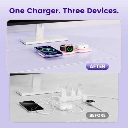 15W Magnetic Travel Charging Station, 3-in-1 Foldable MagSafe Charger - color: Blush Pink