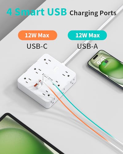 10FT Desktop Mount Charging Station with 4 Outlets 4 USB Ports (2 USB C), HOPOW 2 Prong to 3 Prong Outlet Adapter, 1700J Two Prong Surge Protector