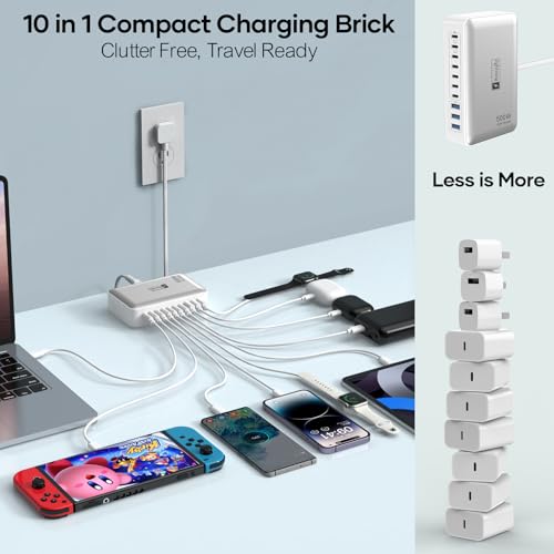 Charging Station for Multiple Devices 500W, 10 Ports Charging Blocks for Laptops/Tablets/Cellphones, 140W Max GaN Charger Super Fast Charging for MacBook, Ipad, iPhone, Power Adapter for Travel - color: Flat Charger 500W White