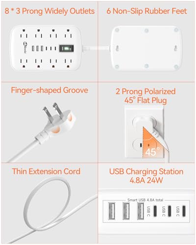 2 Prong Power Strip, 3 to 2 Prong Outlet Adapter, 1700J 2 Prong Surge Protector 5ft Extension Cord with Thin Flat Polarized Plug, 8 AC & 6 USB, Wall Mount for Non-Grounded Outlet, Ideal for Old House - size: 5 FT, style: 2 Prong Plug(8AC+3U3C)