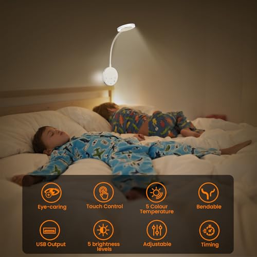 Wall Mounted Reading Light,Bedside Headboard Lights with 5 Color Temperature &5 Dimming,360°Flexible Gooseneck,USB Output, Night Light&Timer Function- Perfect for Reading (White) - color: White
