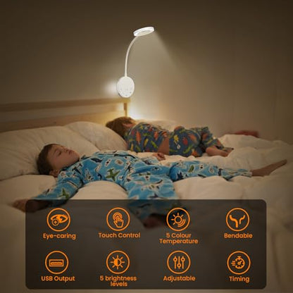 Wall Mounted Reading Light,Bedside Headboard Lights with 5 Color Temperature &5 Dimming,360°Flexible Gooseneck,USB Output, Night Light&Timer Function- Perfect for Reading (White) - color: White