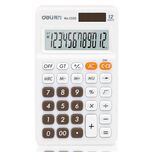 Deli Standard Function Basic Calculator, 12 Digit Desktop Calculator with Large LCD Display, Solar Battery Dual Power Office Calculators, White - color: White