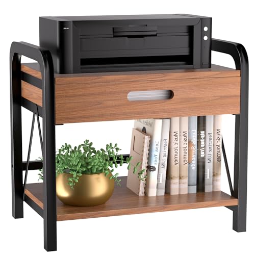 Printer Stand with Storage for Desk, 2 Tier Desktop Printer Table Shelf for Home Office with Wooden Storage Drawer, Multi-Purpose Desk Organizer for Fax Machine, Scanner