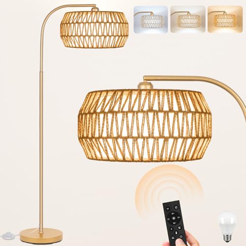 Brilvibera Boho Gold Farmhouse Floor Lamp- Rattan Lamp with Remote and Bulb | Mid Century Modern Rattan Floor Lamp with 2 in 1 Lampshades, Bohemian Gold Tall Lamp for Living Room, Office, Classroom - style: Drum-Gold