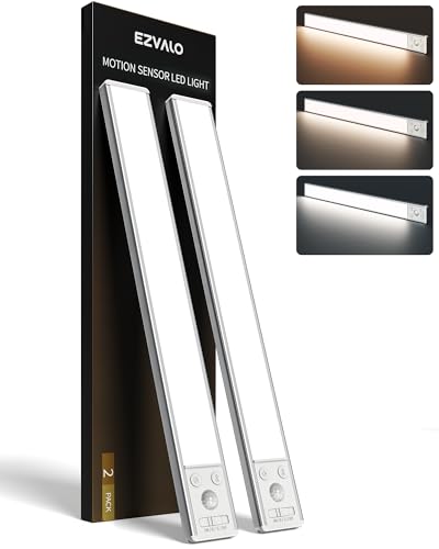 EZVALO 134 LED Under Cabinet Lights, 4000mAh Rechargeable Motion Sensor Light Indoor, Dimmable Magnetic Closet Lights with 3 Color Temps, Wireless Under Counter Lights for Kitchen, Stair (2 Pack) - color: Silver, size: 14.5 Inch