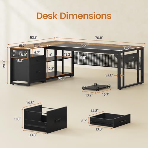 UPOSOJA 71" L Shaped Executive Desk, Office Desk with Storage Drawers - color: Brown, size: 2 Drawers