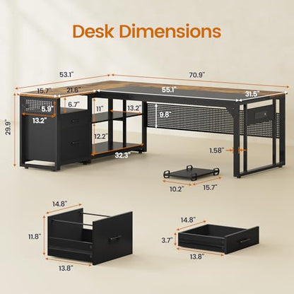 UPOSOJA 71" L Shaped Executive Desk, Office Desk with Storage Drawers - color: Brown, size: 2 Drawers
