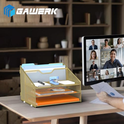 GAWERK Letter Tray Organizer, Mesh Desk File Organizer with 3 Paper Trays and 2 Vertical Upright Section (Gold) - color: Gold
