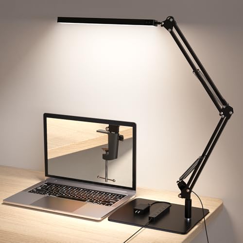TROPICALTREE LED Desk Lamp for Home Office and Round Base, Clamp-On with 5 Light Modes & Auto Shut Off | 14W Adjustable Brightness 5000K Eye-Caring Lighting for Study/Bedroom/Computer Desk - color: Black