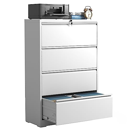 IKIMI 4 Drawers Lateral File Cabinets,White Metal Filing Cabinet for Office - color: White, size: 15.7"D x 35.4"W x 52.3"H