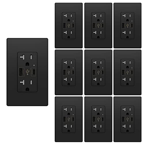 Micmi USB C Outlet PD 24W Power Delivery Type C + A Receptacle 4.8A, Receptacle 20A 125 Volt Tamper-Resistant w/Screwless Wall Plate UL Listed (10Pack, Black, 20 Amp Outlet) - color: Black, size: 20 Amp Outlet