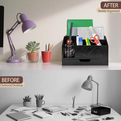 Black Wooden Mail Organizer with Drawer, Three Tiered Desk Accessories for Office Organization and Storage, Stylish Countertop Document Storage, Home/Office/Classroom Supplies (Black01) - style: Black01