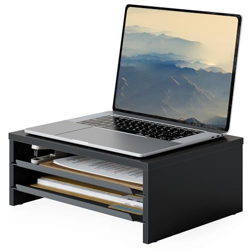 Fenge 14.3-Inch Monitor Stand with Slide-Out Trays, Wood & Metal Desk Shelf - color: Black