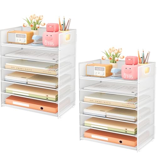 Subekyu 6-Tier Desk Paper Organizer, Desktop File Letter Tray with Handle, Document Sorter and Accessories Holder for Office, Home and School Workspace Organizers, White - 2 Pack - color: 2 Pack 6-tier - White