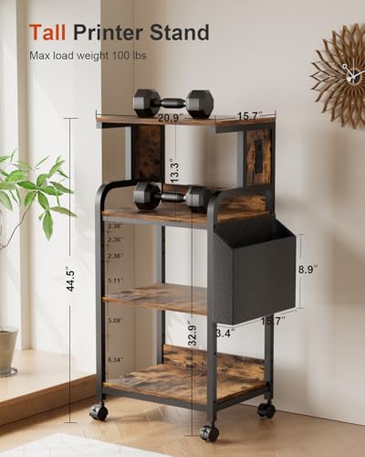 Tall Printer Stand with Charging Station, 4-Tier Mobile Printers Cart - color: Retro Brown, size: 20.9''x15.7''