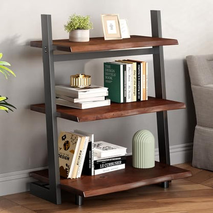 IBF 3-Tier Solid Wood Ladder Bookshelf with Natural Live Edge | Rustic Walnut Storage & Display Leaning Bookcase, Modern Space-Saving Shelf for Living Room, Bedroom, Home Office - size: 3 Tier